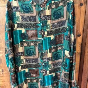 Silk Teal and Brown Geometric Woman’s Shirt